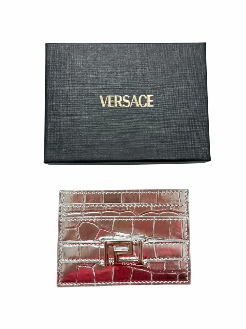 Versace Silver Croc-Embossed Greca Goddess Card Holder NWB